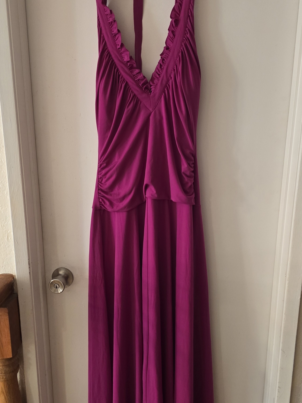 Shape FX Magenta Ruffle Deep V Halter Maxi Dress Lengh From Shoulders 54" Inches